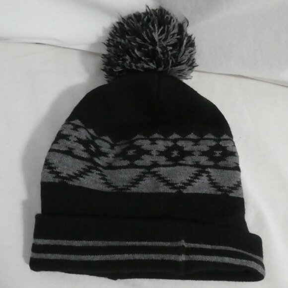 GEORGE | Knitted Black Winter Beanie / Toque With Pom Pom | Grey Stripe / Design - Picture 1 of 11